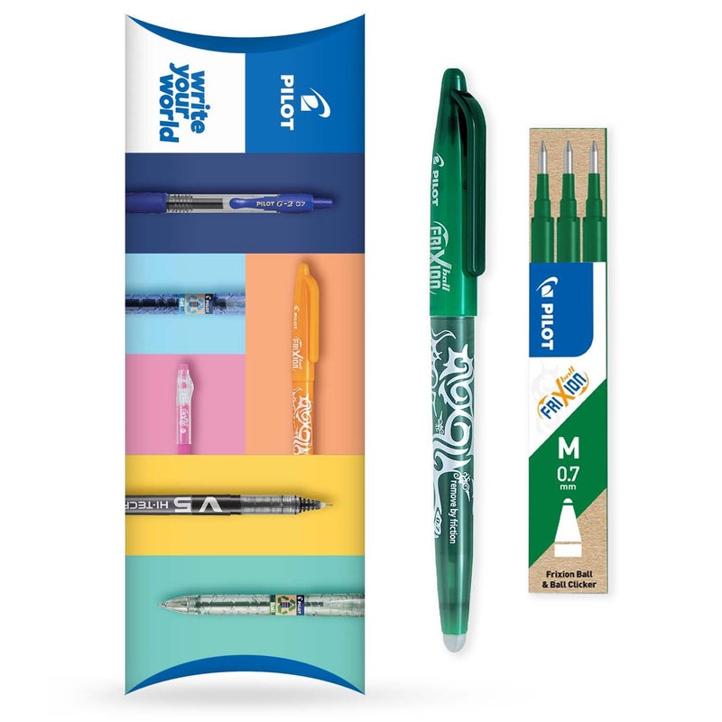 Pilot Frixion Heat/Friction Erasable Rollerball Pen FR7 - Medium Line 0.7mm Tip Nib - Pillow Pack of 1 Pen + 3 Refills (Green) - Image 1